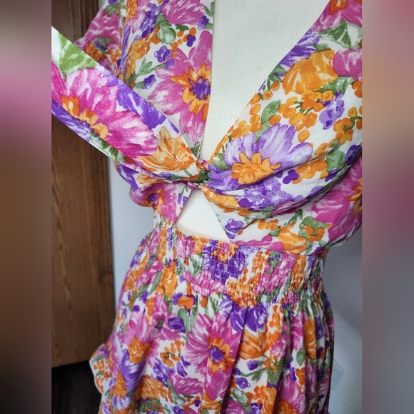 Pretty Garden Bright Floral V-Neck With Tie Knot Ruffle Dress - Picture 3 of 5